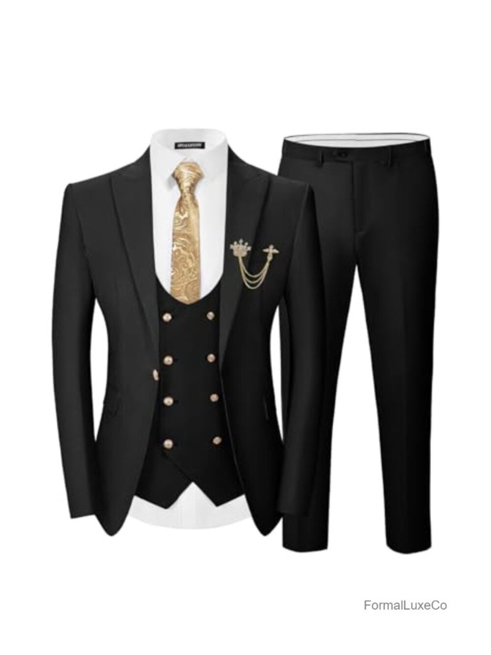 Men's 3 Piece Slim Fit Suit with Double Breasted Vest Gold Buttons